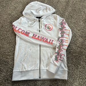 NWT Women’s Volcom White Hawaii themed thin Zip-Up Hoodie